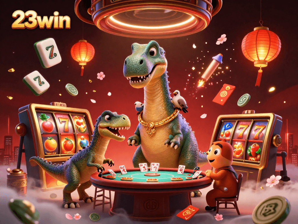 Experience the thrill of 23win with a vibrant 3D casino scene featuring engaging characters and dynamic gaming elements.
