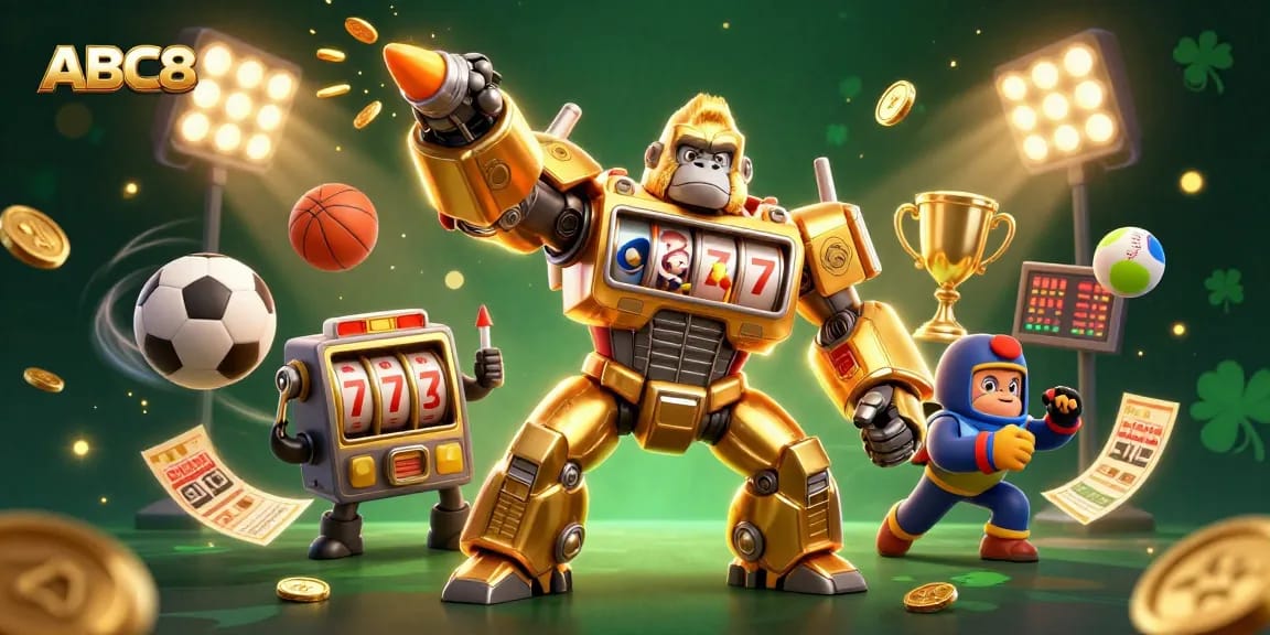 ABC8's golden gorilla mech triumphs in dynamic 3D casino action with vibrant gaming elements.