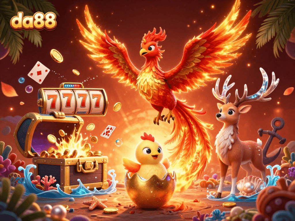 Engage with da88's immersive gaming experience featuring vibrant characters and slot elements.