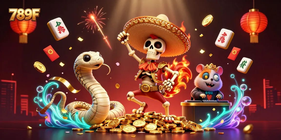 Celebrate with 789F as the mariachi rooster dances amid golden coins in a vibrant casino scene.