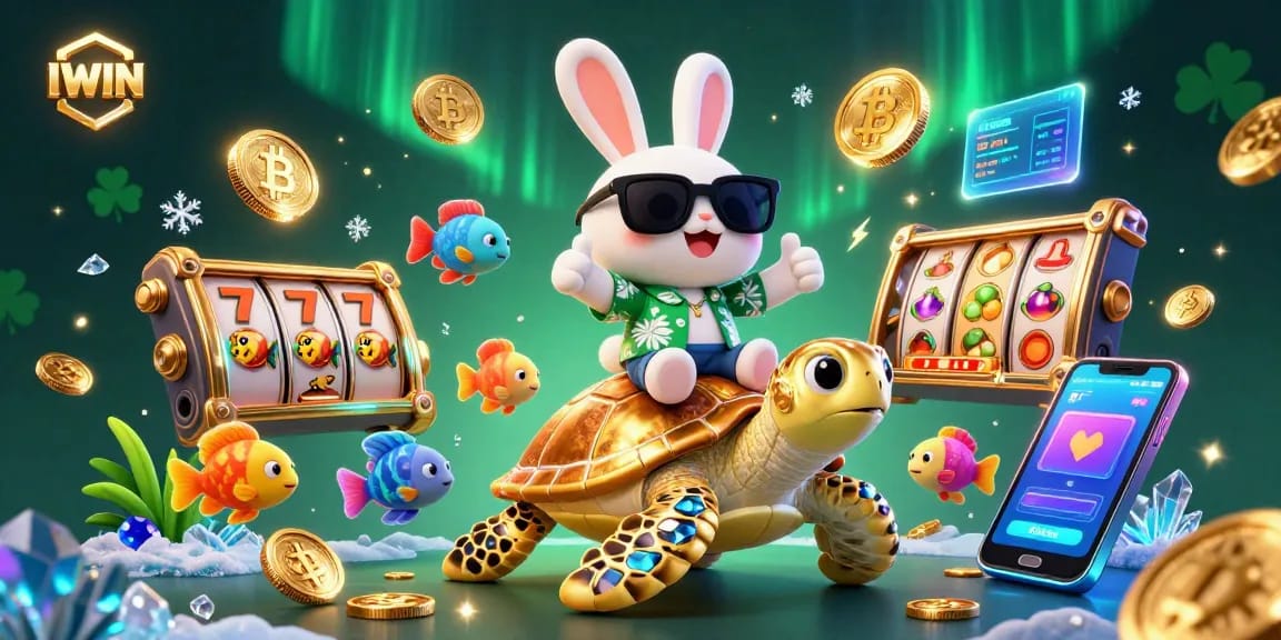 IWIN brings excitement with a lucky rabbit and golden sea turtle in a vibrant casino scene