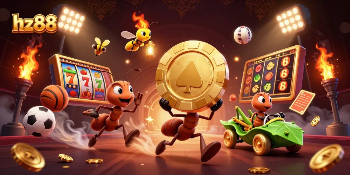 Experience the thrilling heist of hz88 with ants transporting a massive poker chip in an exciting 3D gaming world.