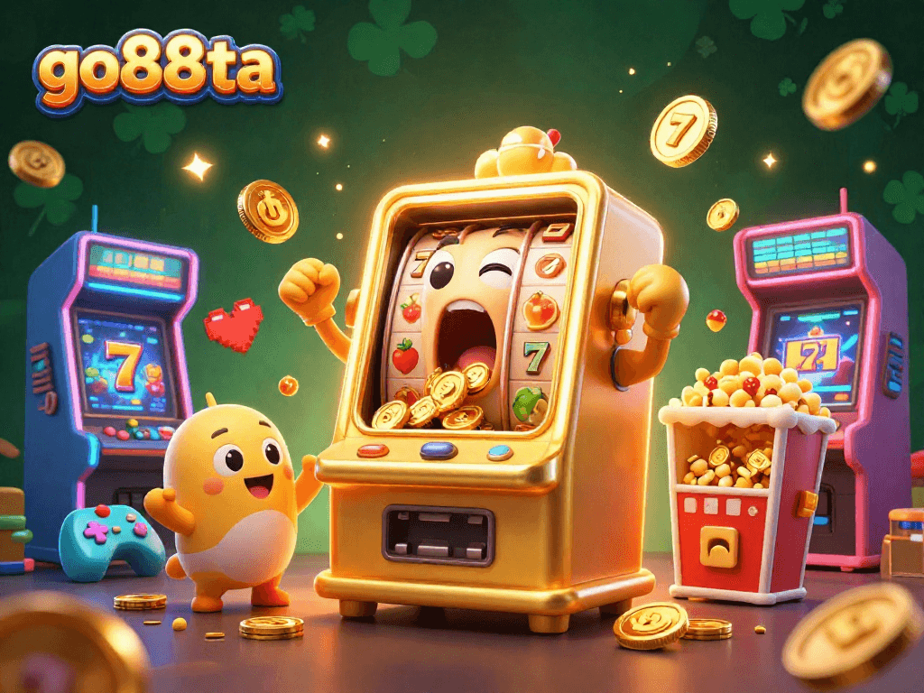 go88ta slots machine hitting jackpot with cheering characters and golden coins raining, vibrant 3D illustration.