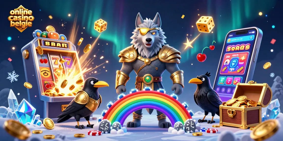 Experience the thrill of online casino belgie with Odin and ravens amid golden treasures and vibrant gaming elements.