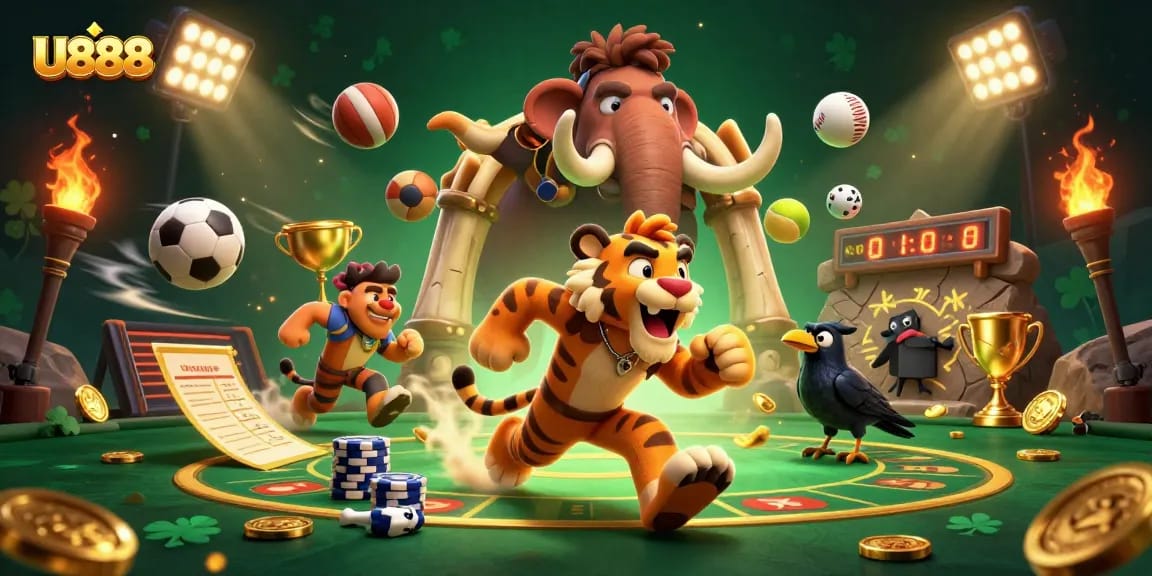 U888 gaming scene featuring a prehistoric casino with dynamic action and sports elements.
