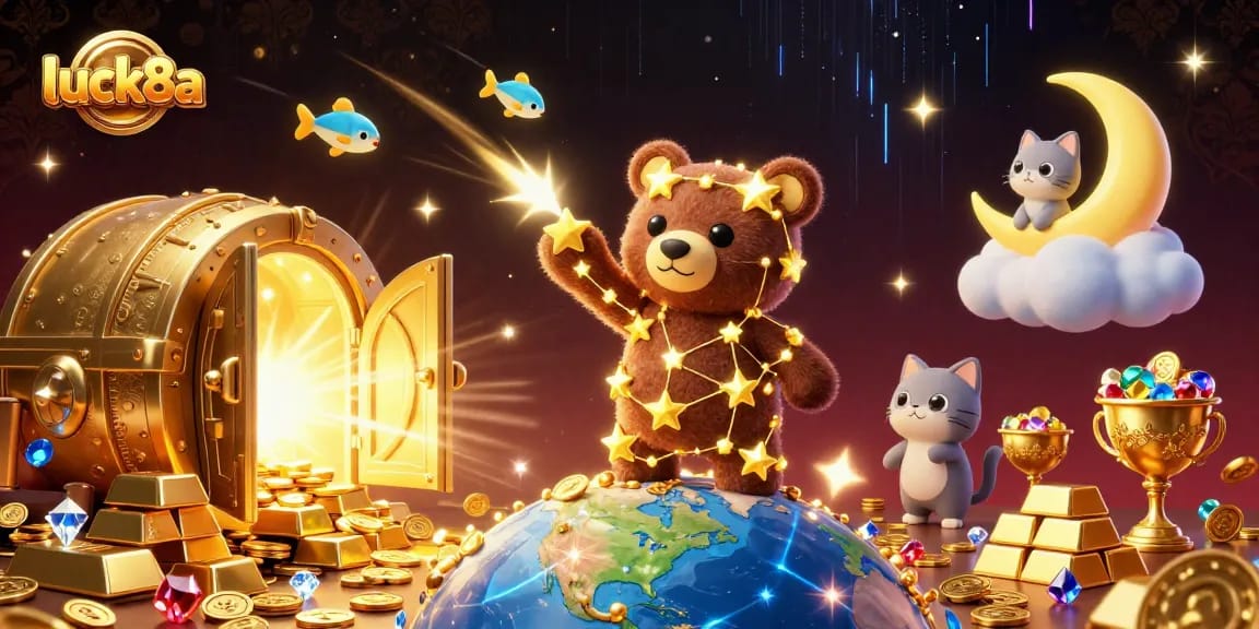 Experience the excitement of luck8a with a vibrant casino-themed 3D illustration filled with treasures.