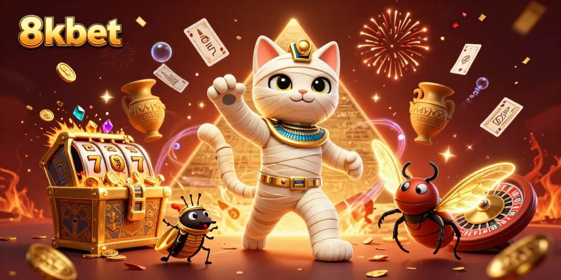 Experience 8kbet's thrilling gaming adventure with the Egyptian mummy cat and golden treasures!