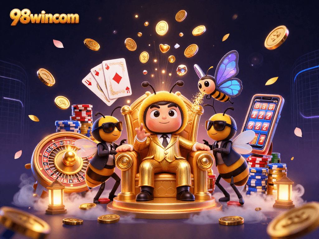 Win big with 98wincom in this vibrant, animated casino scene featuring buzzing characters.