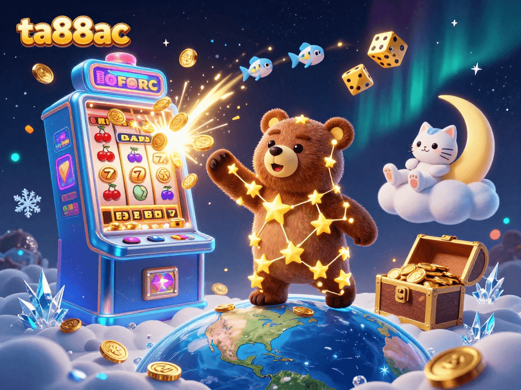Experience gaming excitement with ta88ac's vibrant 3D casino scene featuring stellar characters and slot machines.