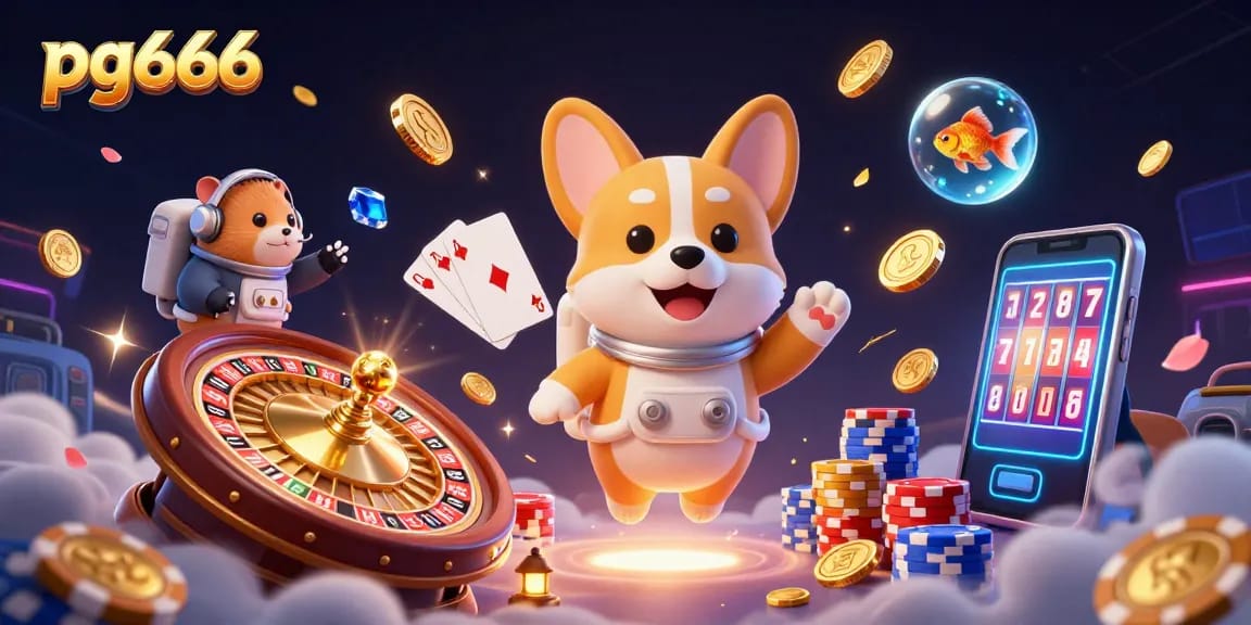 Experience winning at pg666 with a dynamic casino scene featuring a corgi astronaut and a live casino atmosphere.