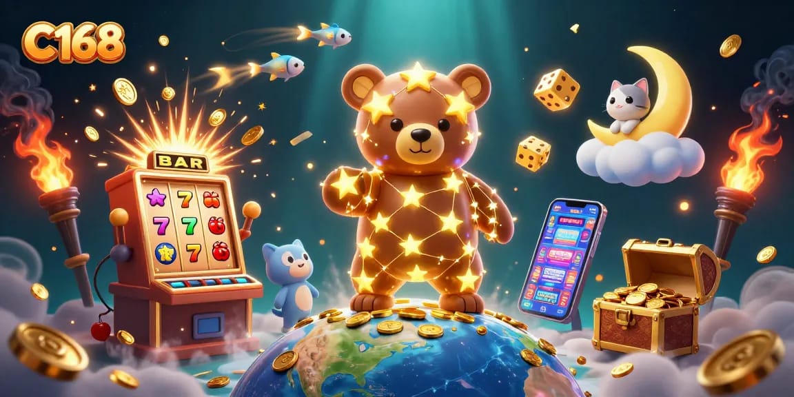 C168 captivates with a vibrant slot machine and constellation bear in a magical gaming scene.