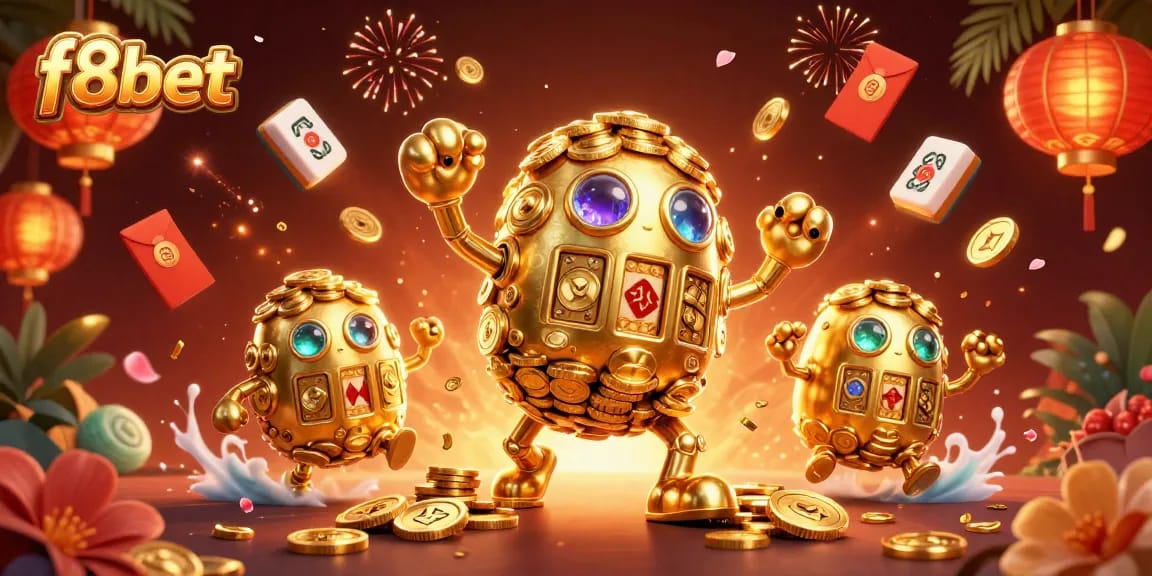 Experience exciting gameplay with f8bet's dynamic 3D illustration of a golden golem and festive casino elements.