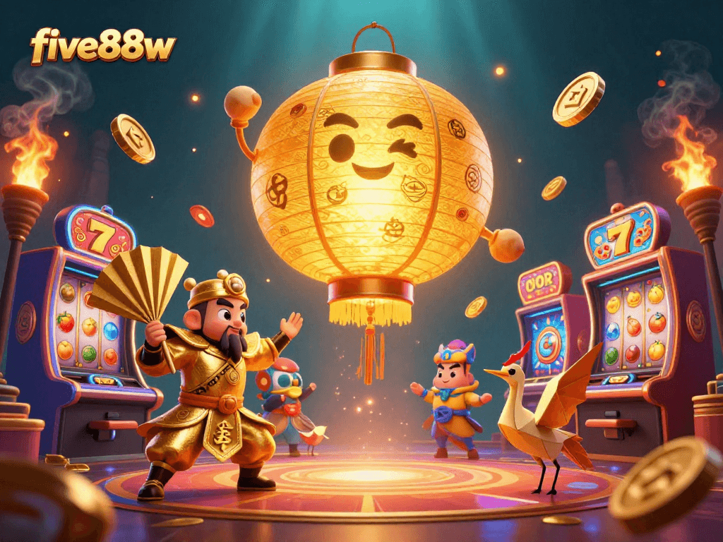 Experience the thrill at five88w with a vibrant casino illustration featuring a golden lantern spirit.