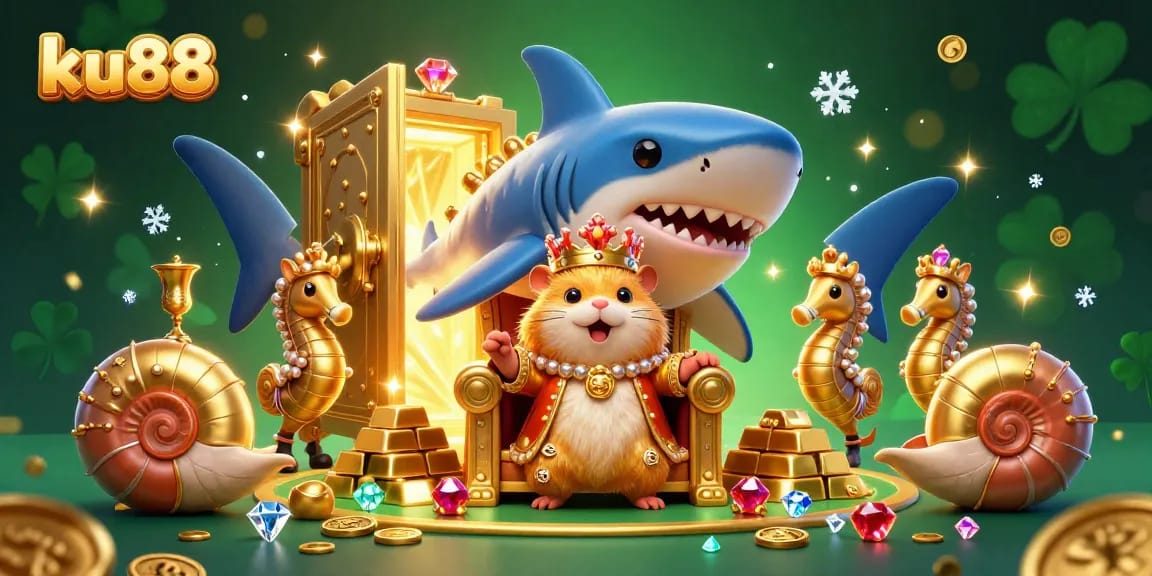 ku88's vibrant casino world features a golden hamster king thriving among treasures, engaging players with exciting gaming.