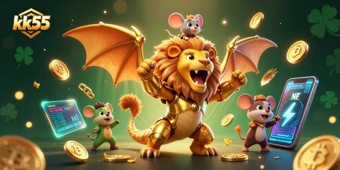 Engage in thrilling games at kk55 with a chimera mascot and crypto elements surrounding excitement.
