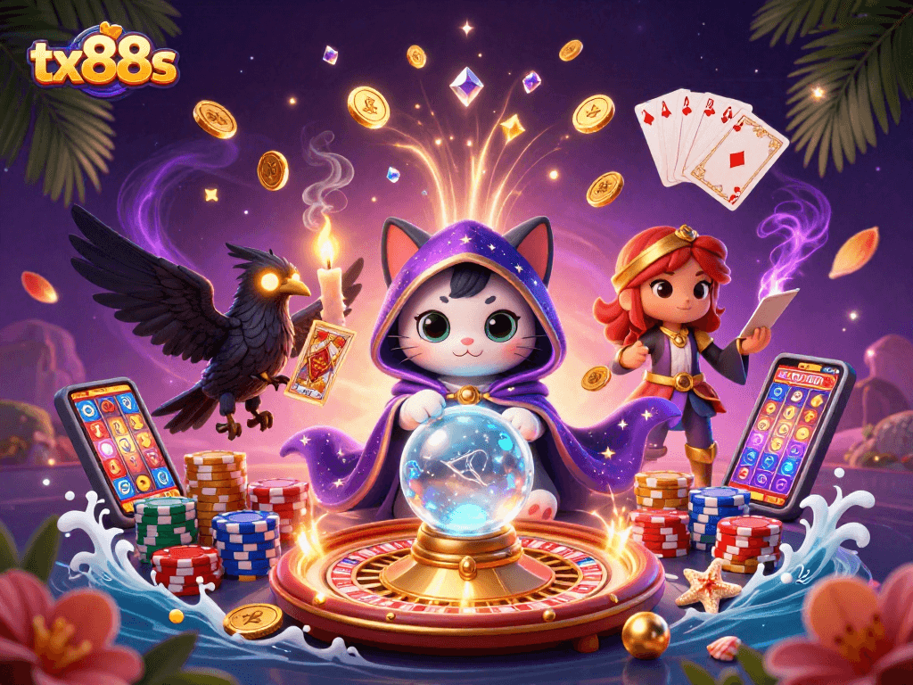 Experience thrilling wins with tx88s as the tarot raven deals cards amidst shimmering casino treasures.