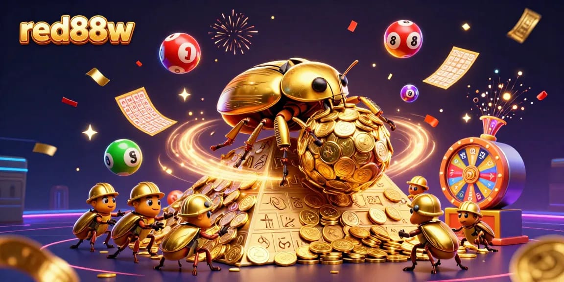 Experience thrilling games at red88w with a vibrant illustration of a golden dung beetle casino adventure.