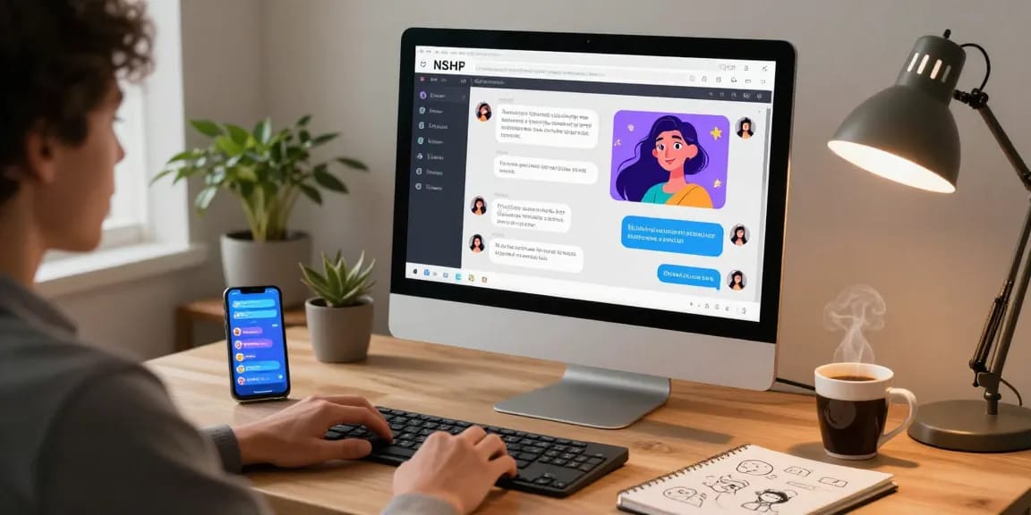 Engaging nsfw ai chat experience with animated character in cozy home office.