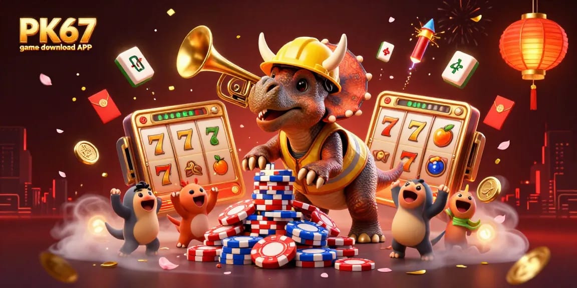 Experience the excitement of PK67 game download APK with a thrilling celebration scene featuring cartoon dinosaurs and vivid casino elements.
