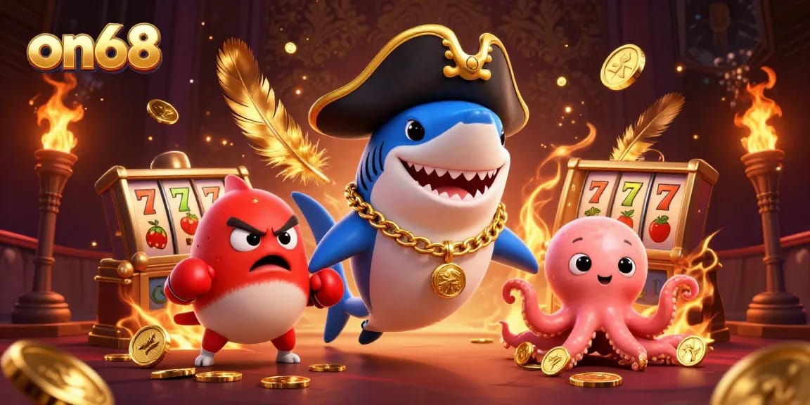 Join the excitement of gaming action with on68's vibrant play featuring cartoon characters in a dynamic casino scene.
