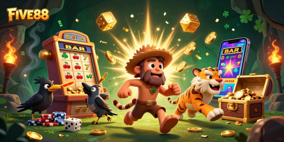 Experience thrilling wins at FIVE88's prehistoric casino with dazzling jackpots and vibrant game elements.