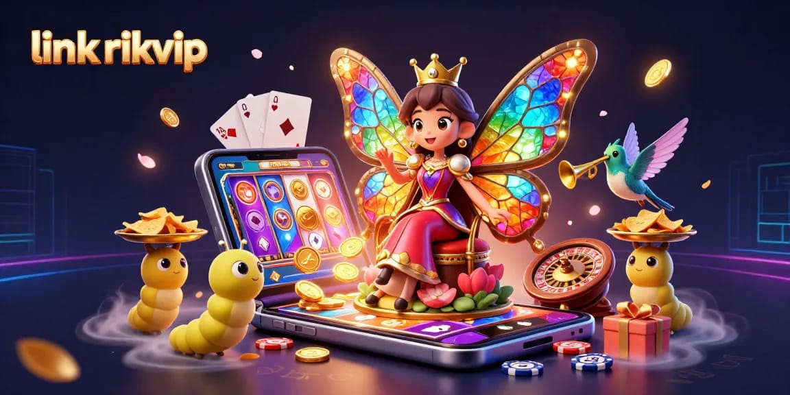 Enhance gaming with link rikvip as a vibrant casino scene featuring a butterfly queen and a colorful slot game.