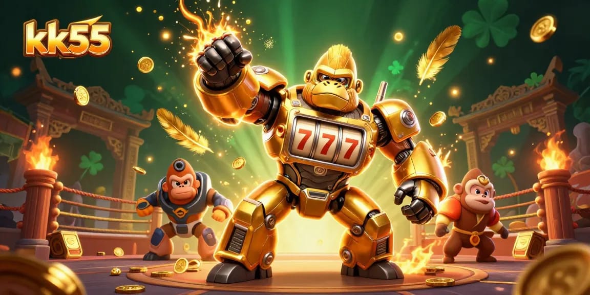 Engage in thrilling action at kk55 with a vibrant 3D scene featuring a golden gorilla mech and dynamic elements.