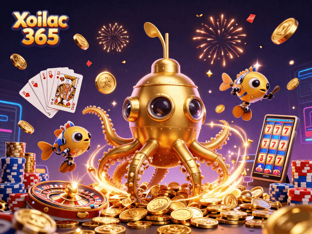Xoilac 365 showcases vibrant 3D gold coins and a kraken, immersing players in thrilling gambling.