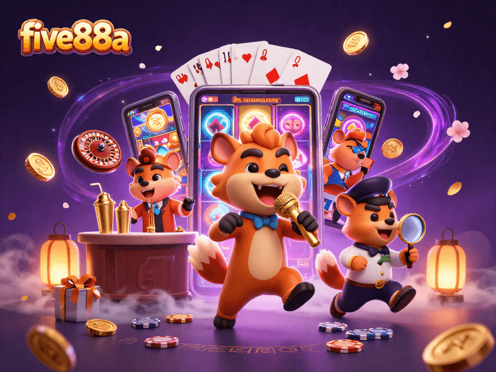 Join the fun at five88a's casino with hyena characters entertaining at their comedy club.