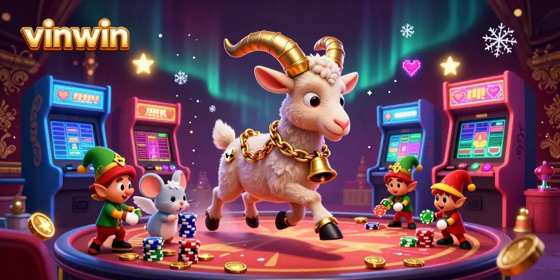 Win big with vinwin in a lively casino scene featuring 3D characters and vibrant game elements.