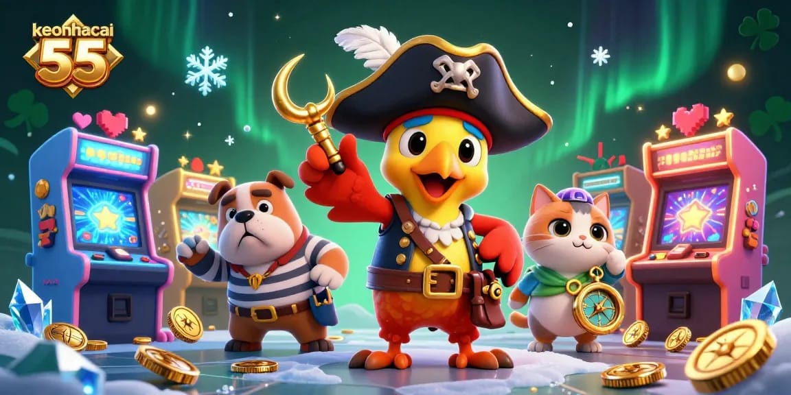 Experience the excitement of keonhacai 55 with a vibrant 3D illustration of a pirate captain and gaming elements.