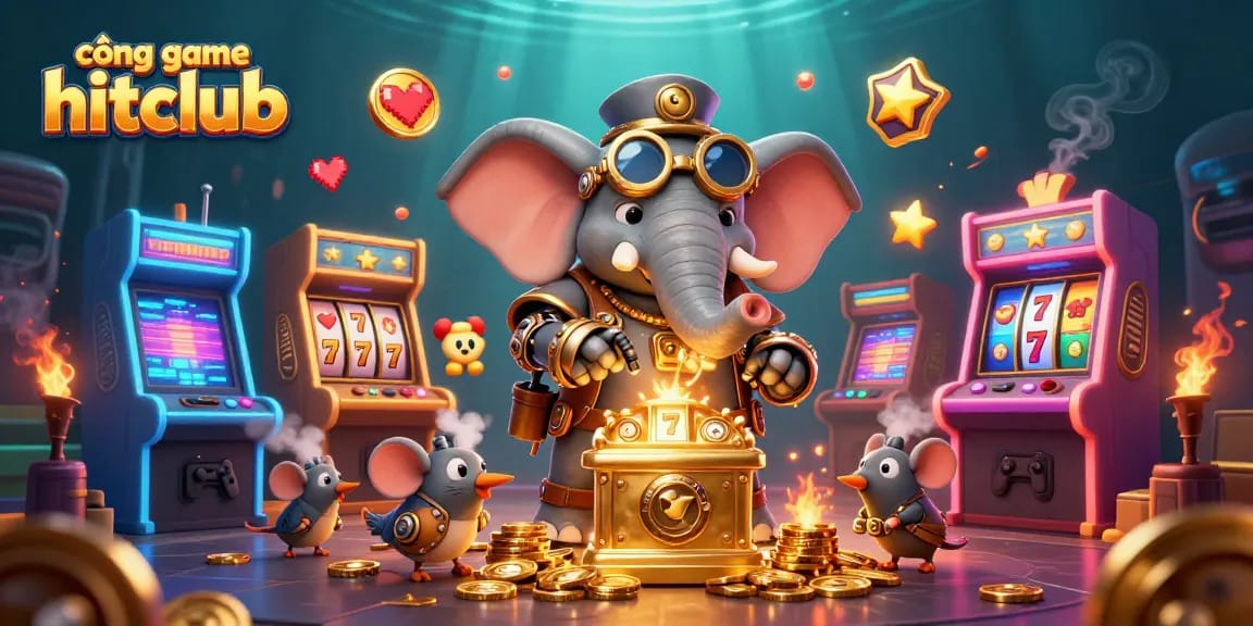 Engage with cổng game hitclub in a vibrant steampunk casino illustration featuring colorful gaming elements.