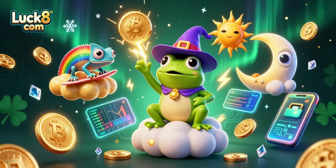 Win big at Luck8 com with a vibrant casino scene featuring golden coins and crypto elements.