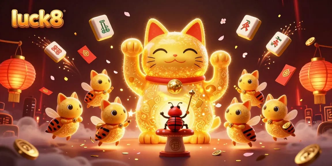 Experience the thrilling luck8 atmosphere with a vibrant, animated lucky cat and casino symbols.