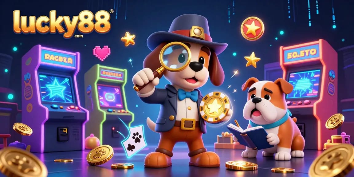 Spin vibrant wins at lucky88 com's lively casino-themed scene featuring gaming detective and dog.