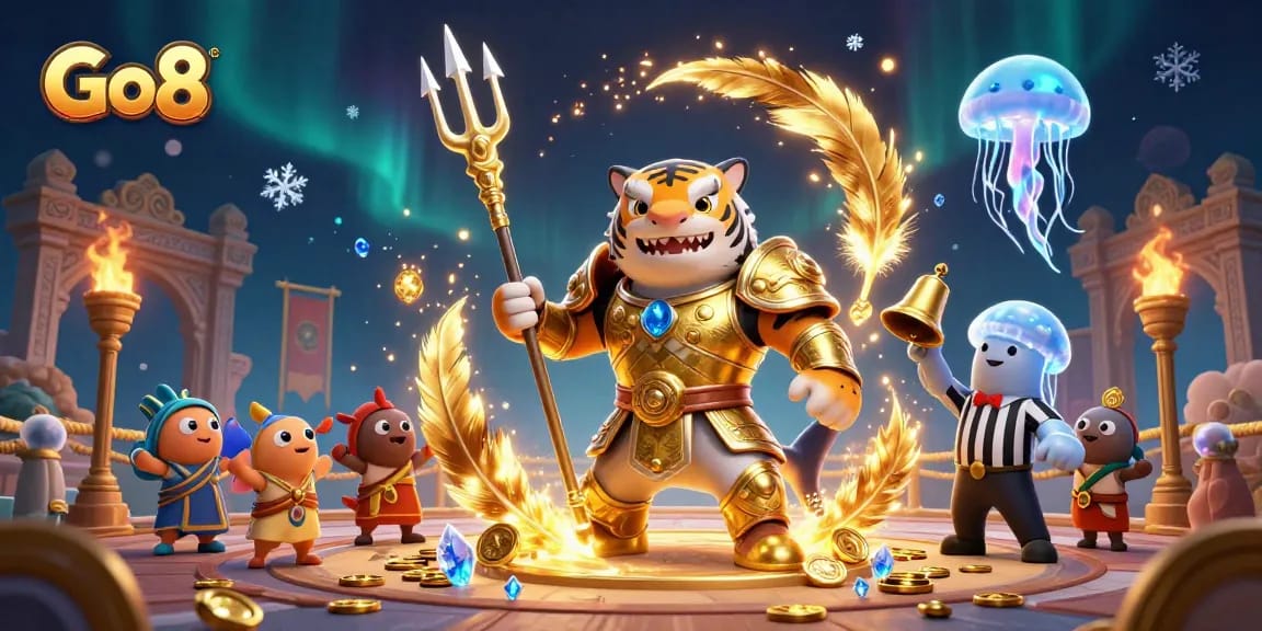 Go8 casino scene featuring a tiger shark warrior, fish crowd, and jellyfish referee in a vibrant underwater arena.