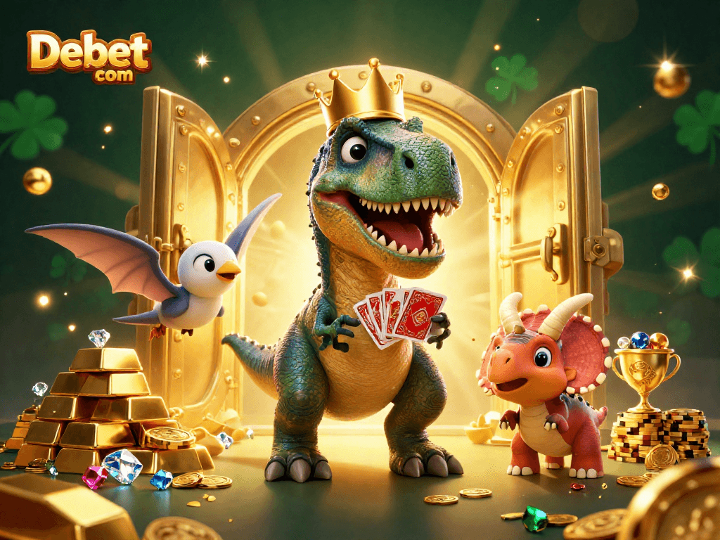 Experience excitement with Debet com's vibrant 3D casino scene featuring friendly dinosaur characters.