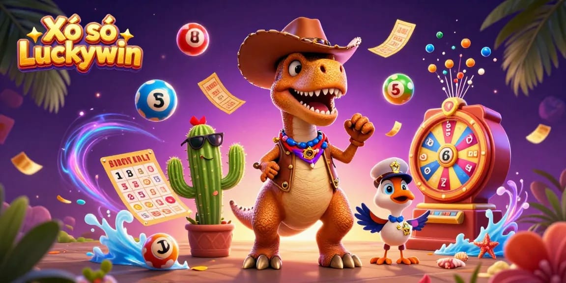 Xổ số Luckywin - Experience dynamic lottery action with vibrant number balls, exciting prize wheels, and colorful characters.