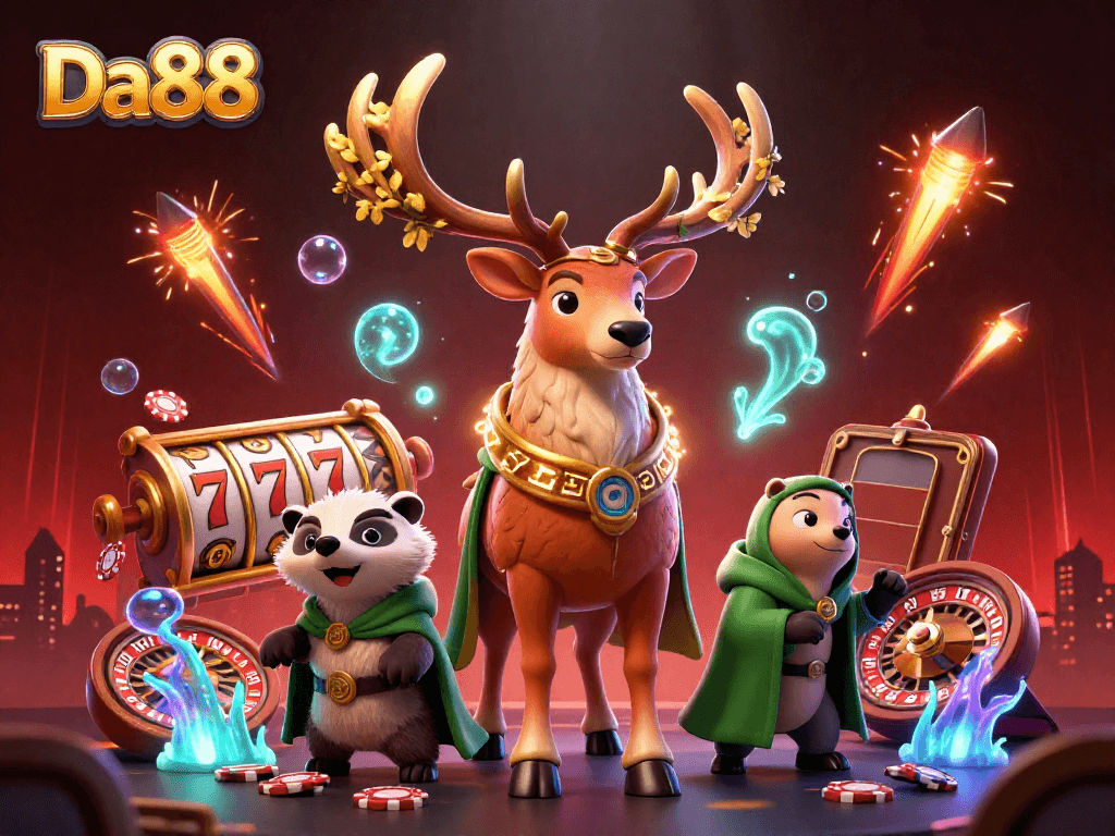 Da88 illuminates the excitement of slots and poker in this vibrant casino scene filled with festive elements.