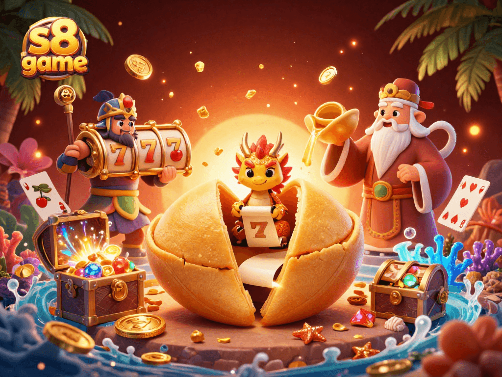 S8 game brings excitement with golden fortune cookie characters and winning slot reels bursting with treasures.