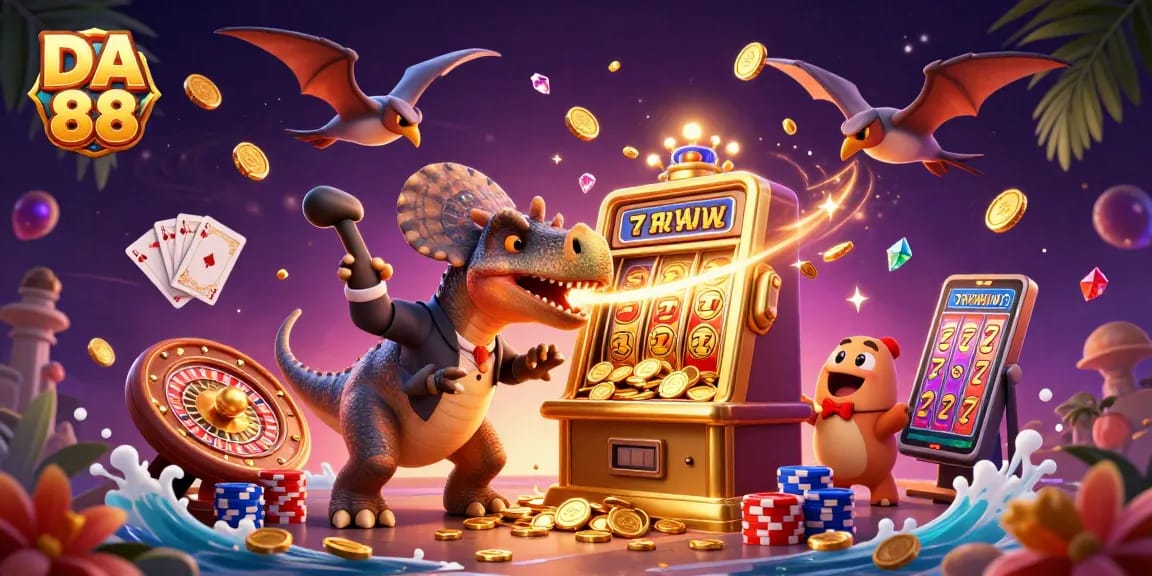 DA 88 showcases a dinosaur winning big on a slot machine, capturing coins flying around.