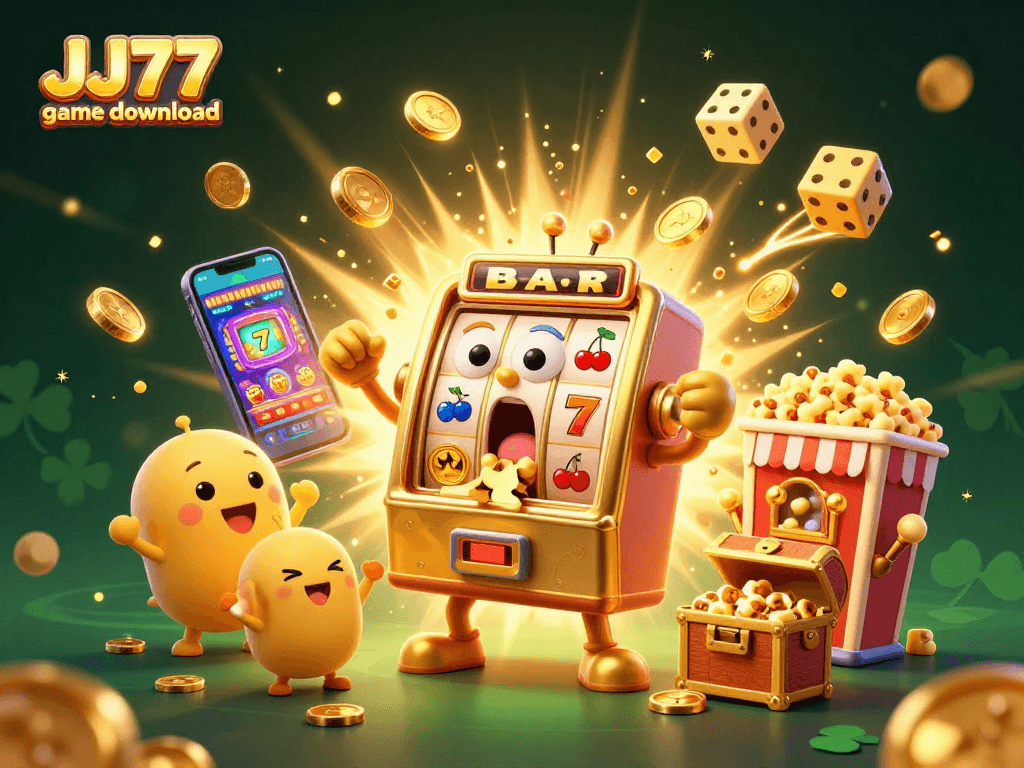 Experience the thrill of JJ77 game download as the golden slot machine hits a jackpot, surrounded by excitement and coins.