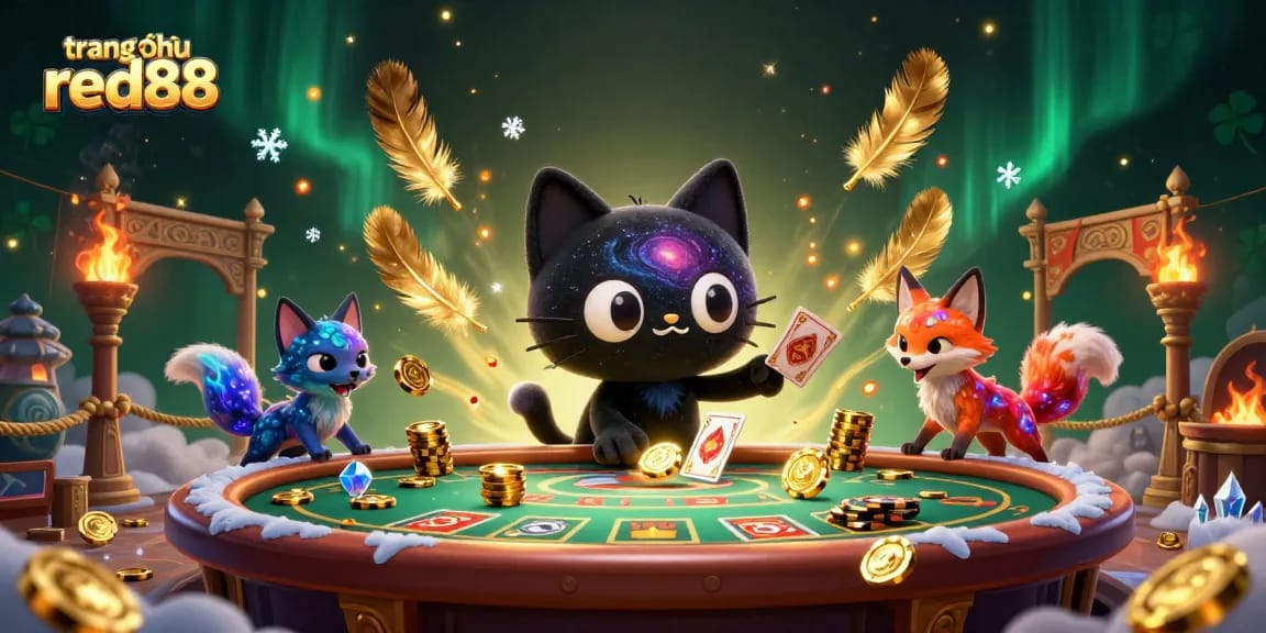 Engage with the interactive scene of trang chủ red88 featuring a black hole cat at a cosmic casino, pulling chips.