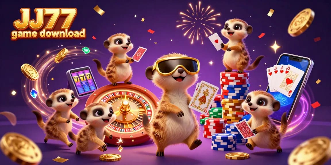 Experience the JJ77 game download with a vibrant casino scene featuring playful meerkats, slots, and roulette.