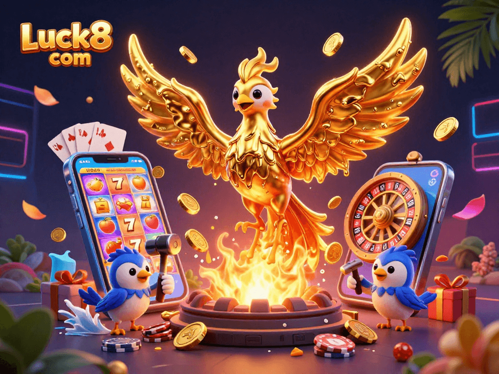 Experience thrilling wins at Luck8 com with a molten golden phoenix rising through vibrant slot game action.