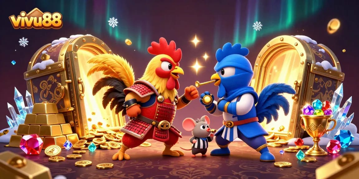Engage in exciting cockfighting action at vivu88 with thrilling roosters in a dynamic standoff.