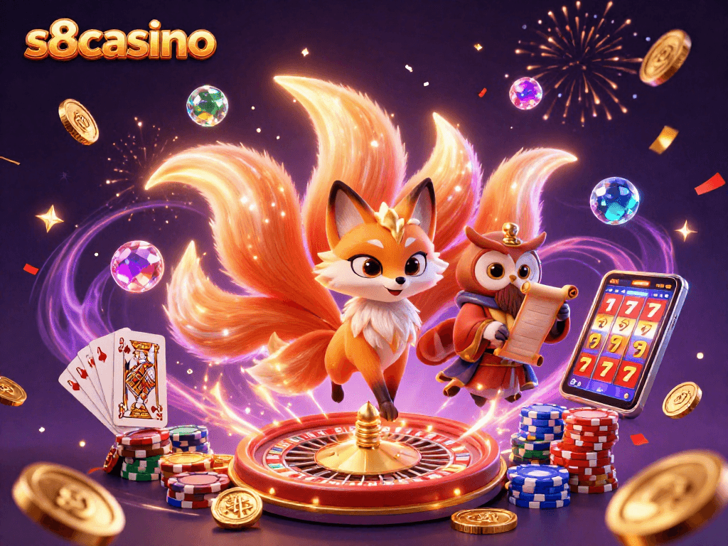 Experience the thrill of gaming at s8casino with vibrant characters and dynamic casino elements.