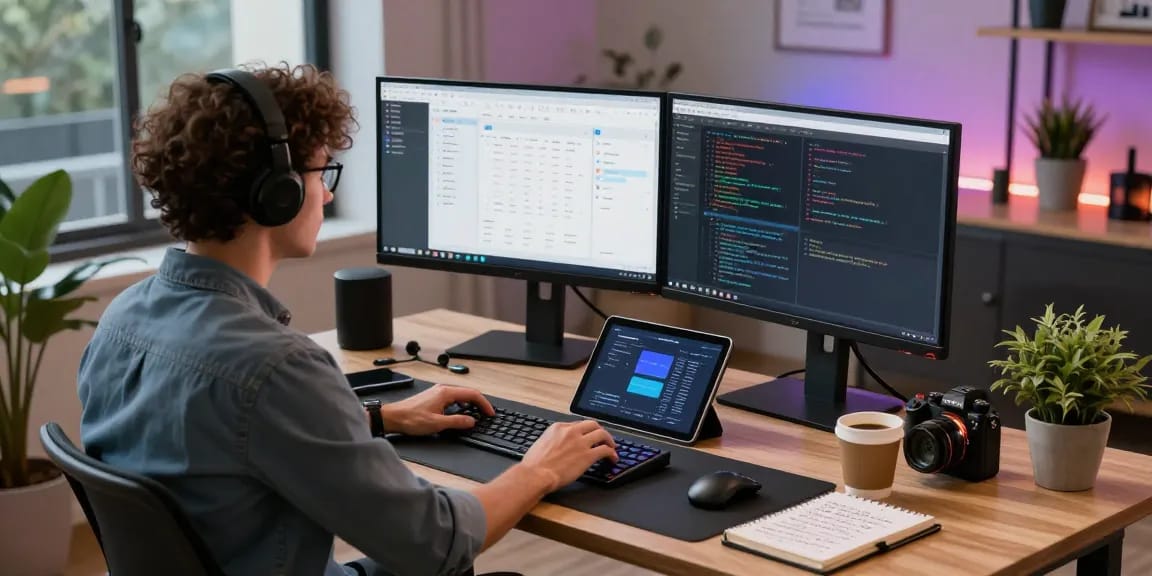 Build internal tools with AI in a modern workspace showcasing a developer at work, highlighting productivity and innovation.