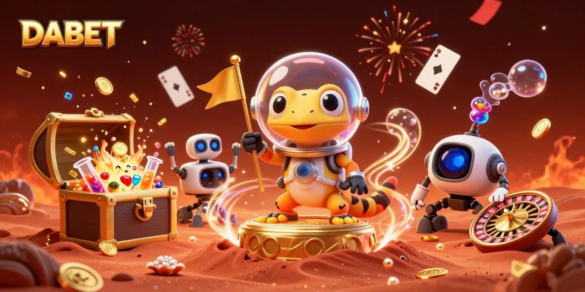 DABET players winning big with a vibrant Martian casino adventure illustration