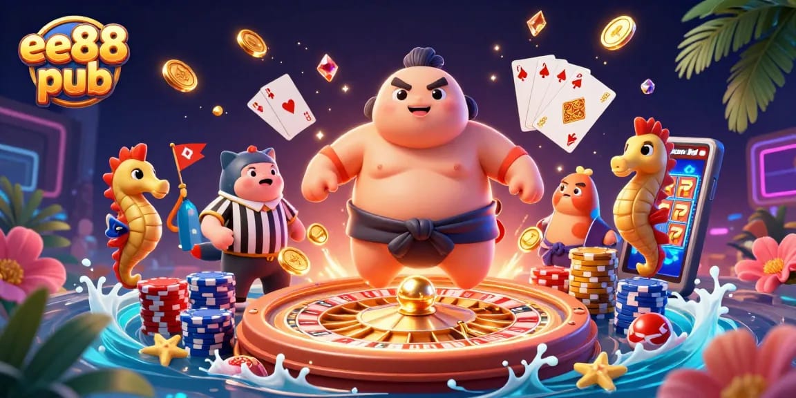 Engage in the vibrant atmosphere of ee88 pub featuring dynamic casino action with colorful characters.